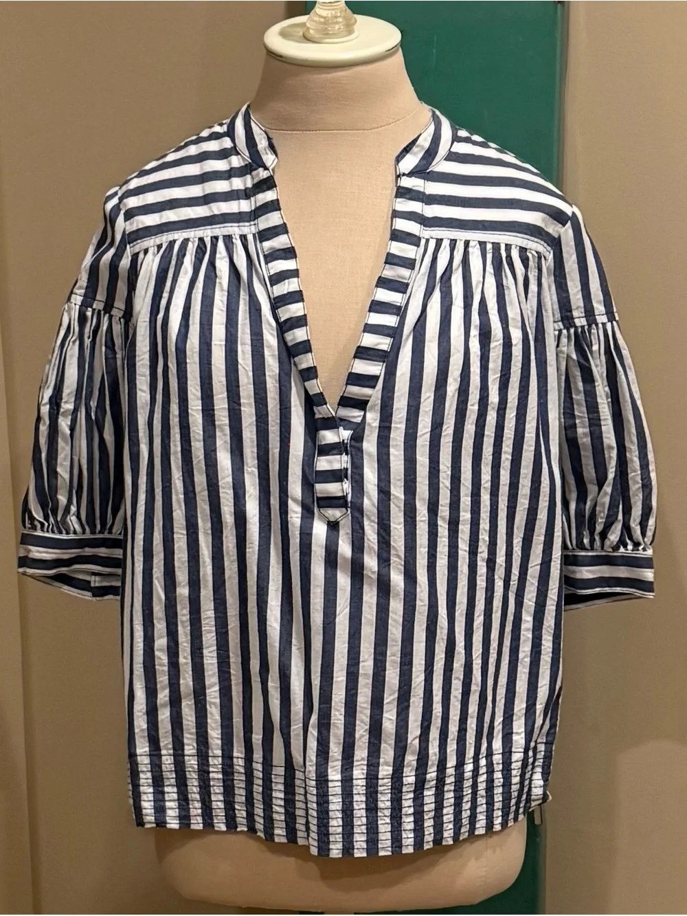 Anthropologie The Darcy Stripped Navy and White V-Neck Puff Sleeve Top